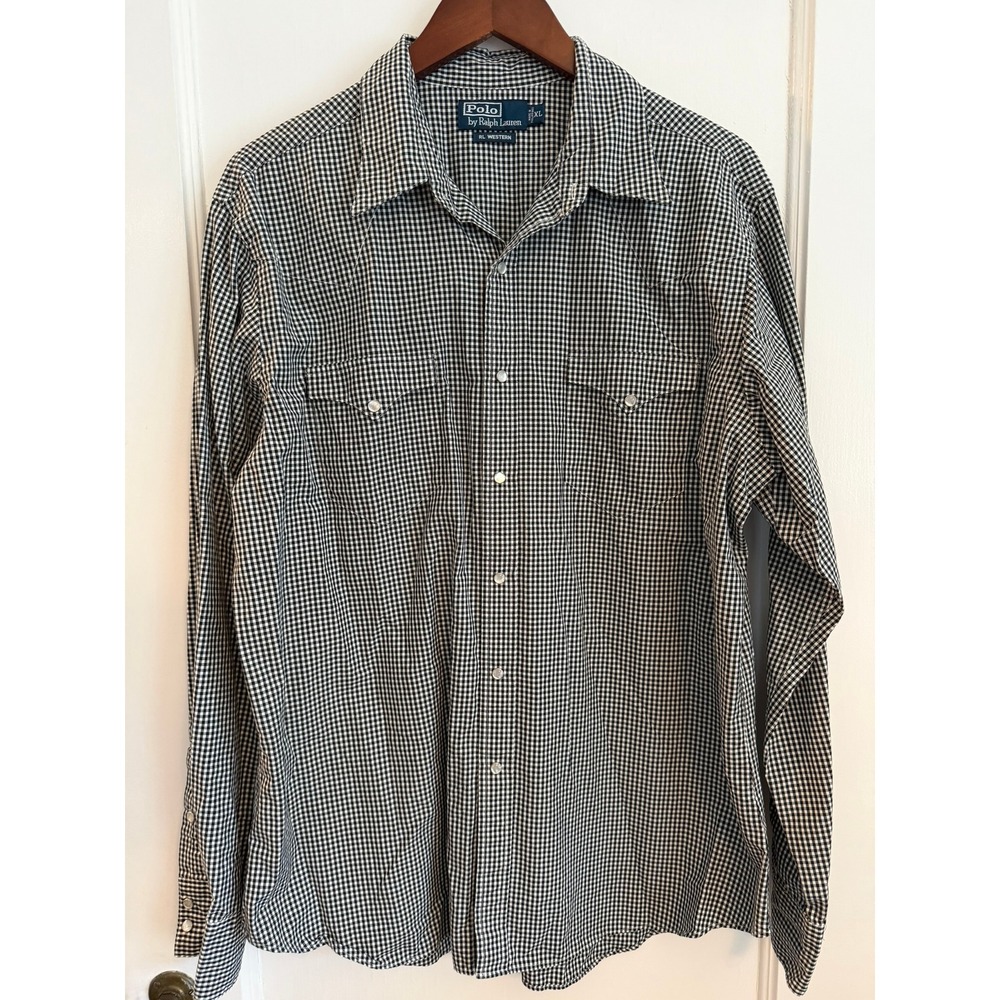 Polo Ralph Lauren Shirt Mens XL RL Western Gingham Pearl Snap Black White Check